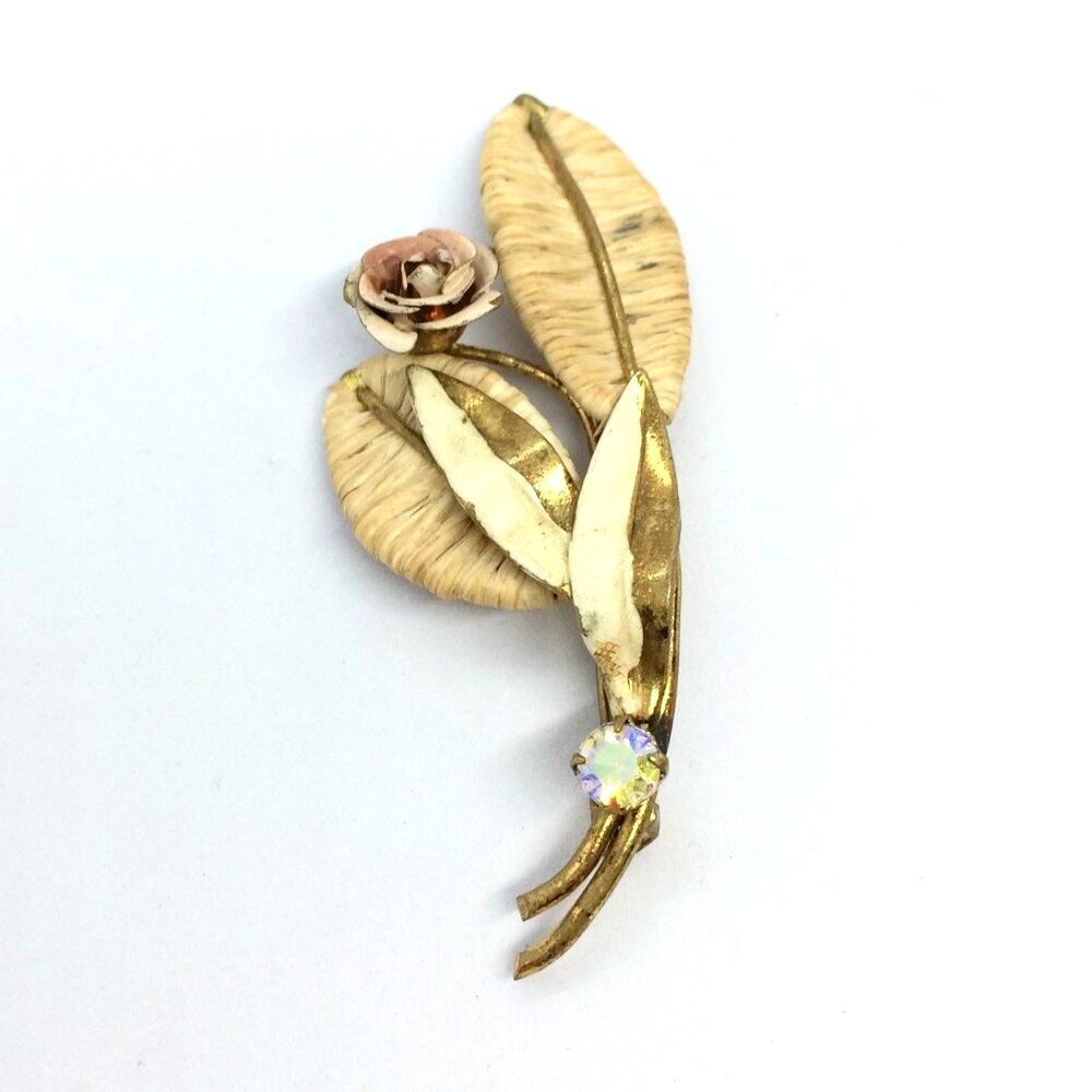 VINTAGE AUSTRIA BROOCH Gold Tone Enamel Leaf Flower Aurora Rhinestone Pin
